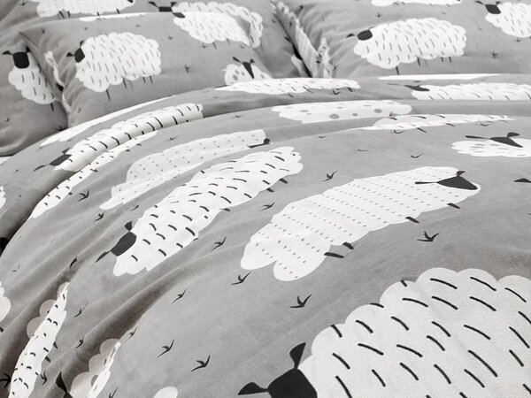 Krepp ágyneműhuzat készlet WHITE SHEEPS POLY szürke + Jersey gumis lepedő 90 x 200 cm szürke, egyszemélyes
