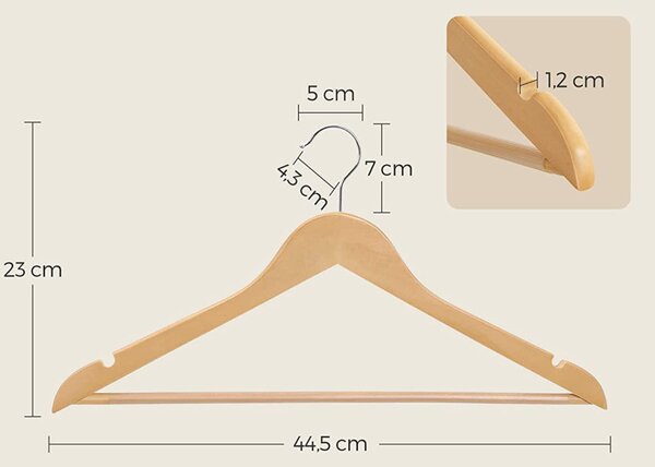 SONGMICS Prémium Juharfa Vállfa Szett 360° Forgatható Akasztóval Természetes 10 db