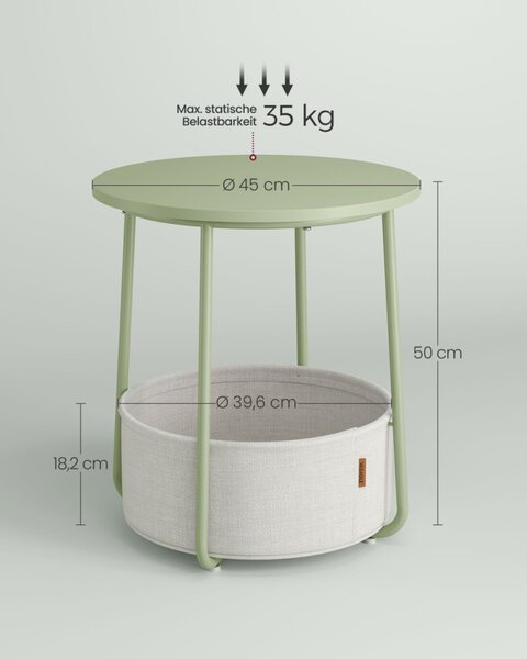 VASAGLE Modern Kerek Kisasztal Tárolókosárral Babérzöld-Krémfehér