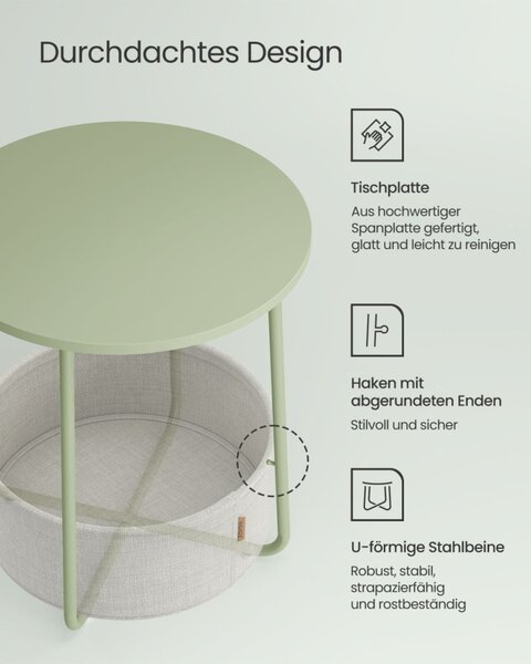 VASAGLE Modern Kerek Kisasztal Tárolókosárral Babérzöld-Krémfehér