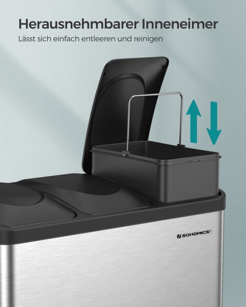 SONGMICS 45L Szelektív Hulladékgyűjtő Pedálos Szemetes Rozsdamentes Acél Ezüst-Fekete