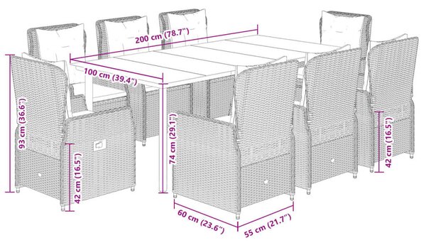 VidaXL Polyrattan Kerti Étkezőgarnitúra - 9 részes - Fekete