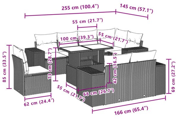 VidaXL 9 részes szürke polyrattan kerti ülőgarnitúra párnákkal