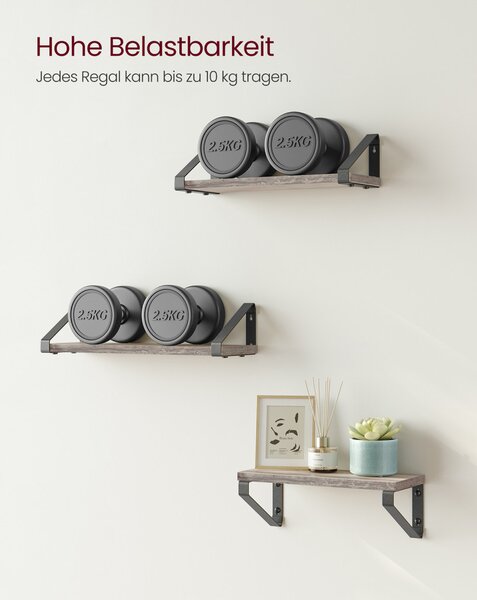 VASAGLE Ipari Stílusú Lebegő Fali Polc Szett 3 db Szürke-Fekete