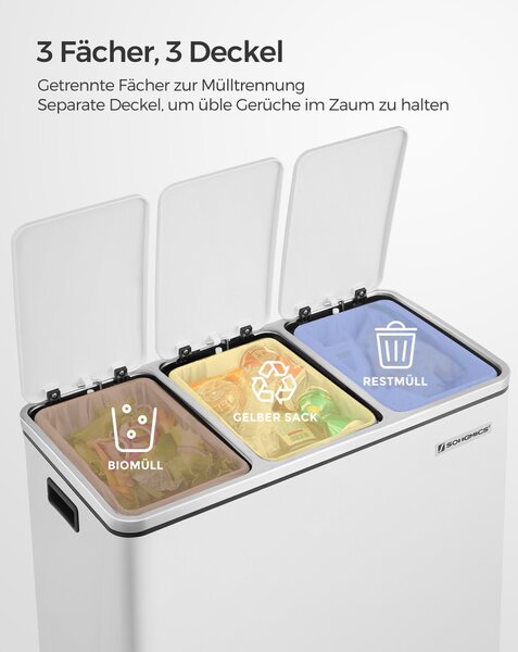 SONGMICS Háromrekeszes Szelektív Hulladékgyűjtő Pedálos Szemetes 3x18L Fehér