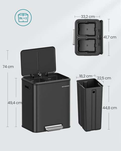 SONGMICS Dupla Szelektív Hulladékgyűjtő Pedálos Szemetes 2x15L Rozsdamentes Acél Fekete