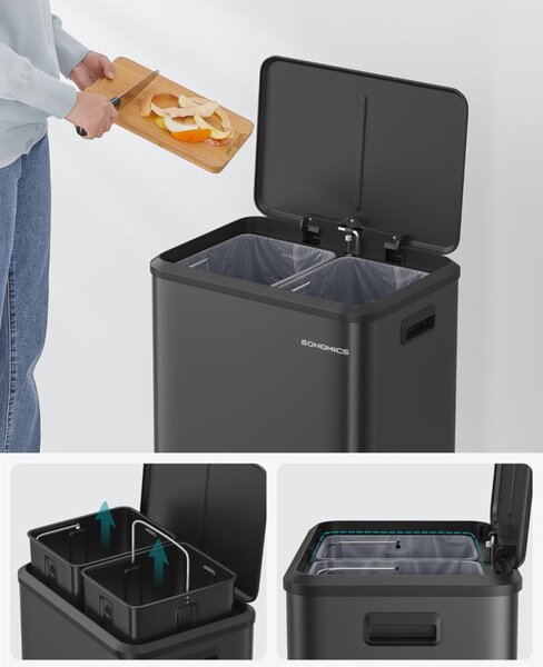 SONGMICS Dupla Szelektív Hulladékgyűjtő Pedálos Szemetes 2x15L Rozsdamentes Acél Fekete