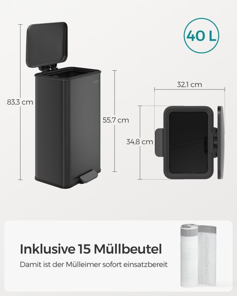 SONGMICS Premium Pedálos Szemetes 40L Acél Szemeteskuka Puha Záródással Fekete