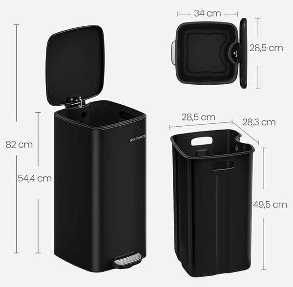 SONGMICS 30L Soft Close Pedálos Szemetes Acél Vázzal Fekete