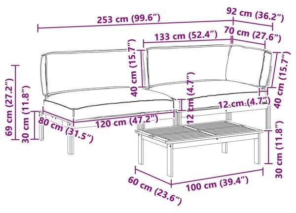 VidaXL Kanapé Szett párnával Egyszínű 3 pcs Antracit Tömör Akácfa