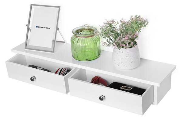 SONGMICS Lebegő Fali Polc 2 Fiókkal Magasfényű Fehér