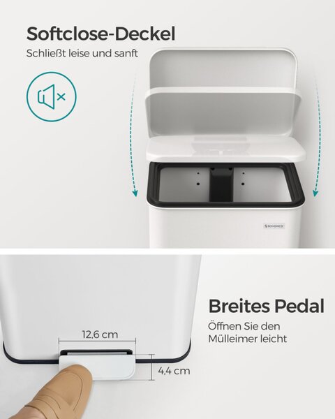 SONGMICS 40 Literes Acél Pedálos Szemetes Soft-Close Fedéllel Fehér