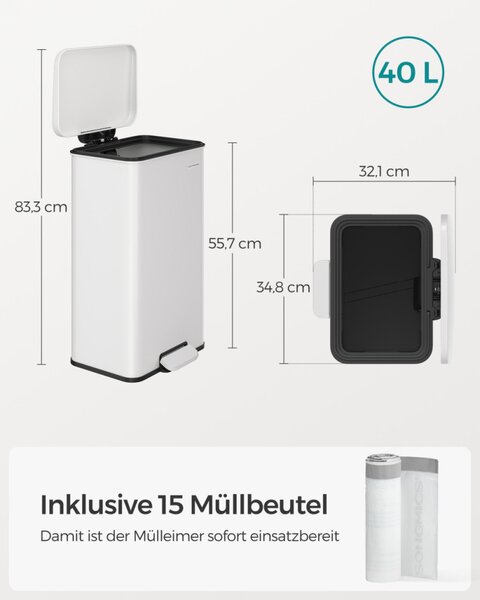 SONGMICS 40 Literes Acél Pedálos Szemetes Soft-Close Fedéllel Fehér