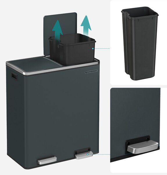 SONGMICS Dupla Szemetes Kuka 2 x 30 L Pedálos Szelektív Hulladékgyűjtő Acél Füstös Szürke
