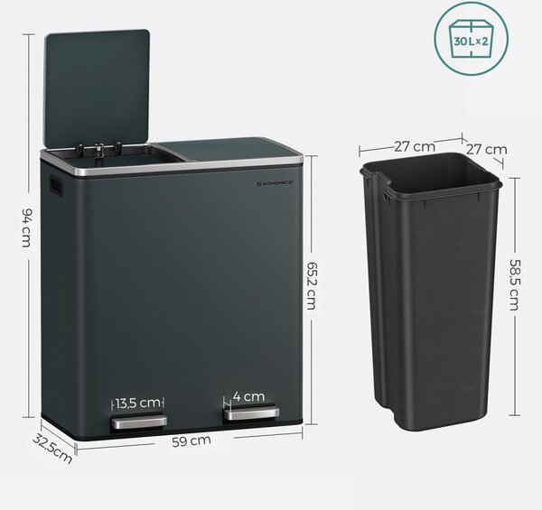 SONGMICS Dupla Szemetes Kuka 2 x 30 L Pedálos Szelektív Hulladékgyűjtő Acél Füstös Szürke