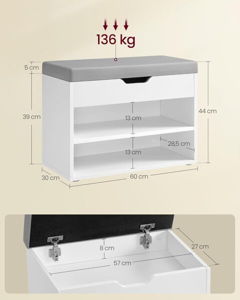 VASAGLE LHS020W01 Cipős Pad Tároló Rekesszel Párnázott Ülőkével Felhőfehér