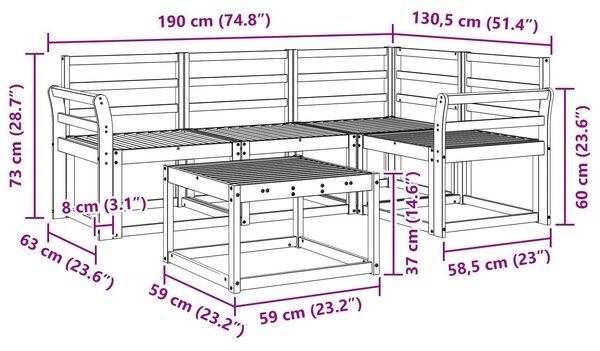 VidaXL Kültéri kanapé szett 5 db Fehér Tömör Akácfa