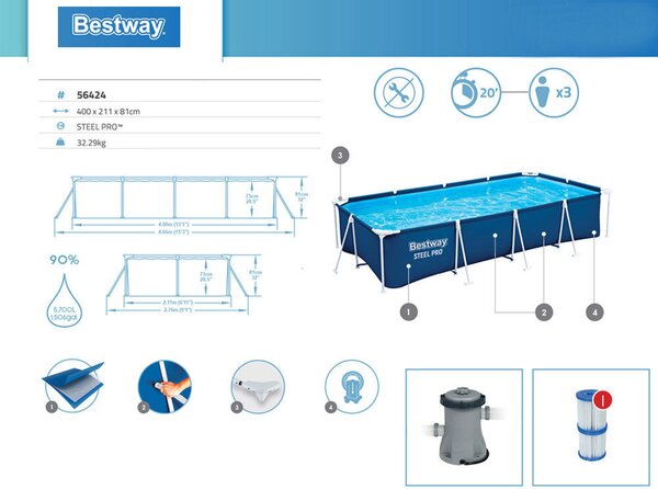 Medence papírszűrős vízforgatóval 400x211x81 cm BESTWAY 56424 Steel Pro