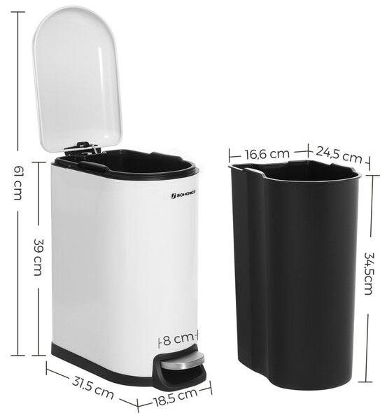 SONGMICS Slim Pedálos Szemetes 10L Acél Fehér Lassú Záródású