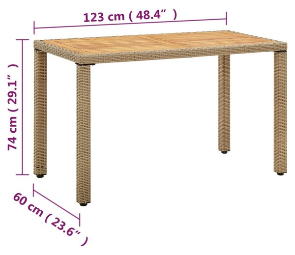 Bézs polyrattan és tömör akácfa kerti asztal 123 x 60 x 74 cm