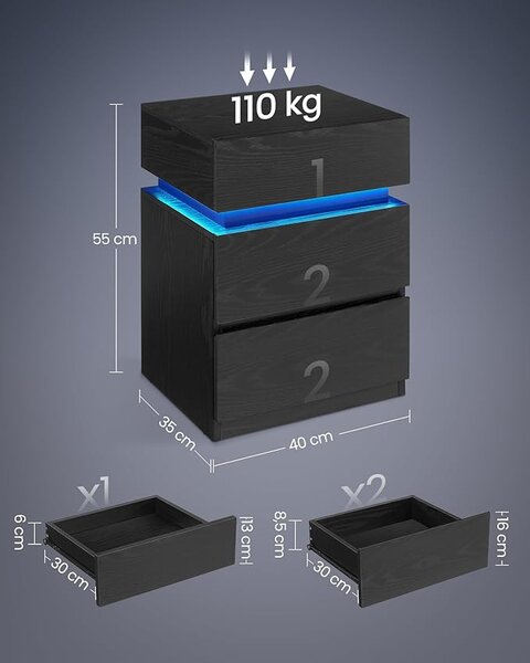 Vasagle LET630T56 éjjeliszekrény LED világítással 3 fiókkal fekete famintás