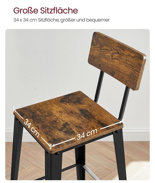 VASAGLE Vintage Bárszék Szett Háttámlával Ipari Stílusban Barna/Fekete