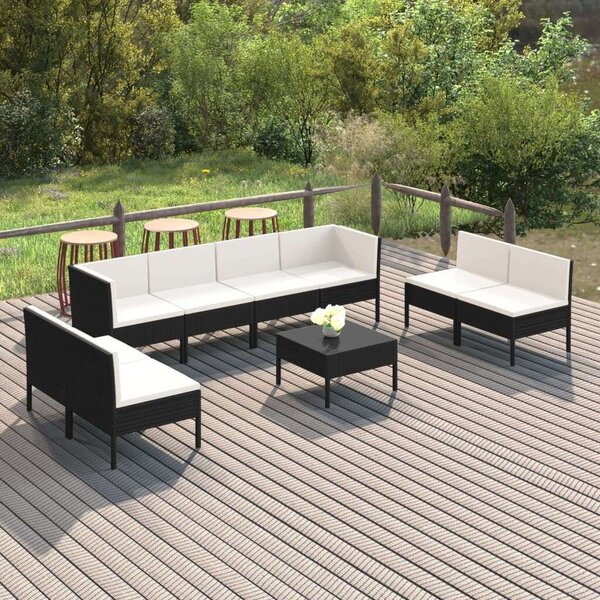 VidaXL 9 részes fekete polyrattan kerti ülőgarnitúra párnákkal