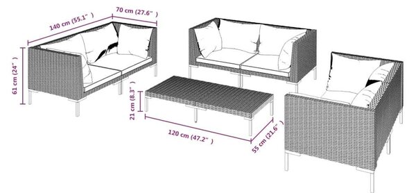 VidaXL 7 részes sötétszürke polyrattan kerti bútorszett párnákkal