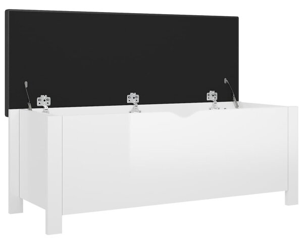 Magasfényű fehér szerelt fa tárolódoboz párnával 105x40x45 cm