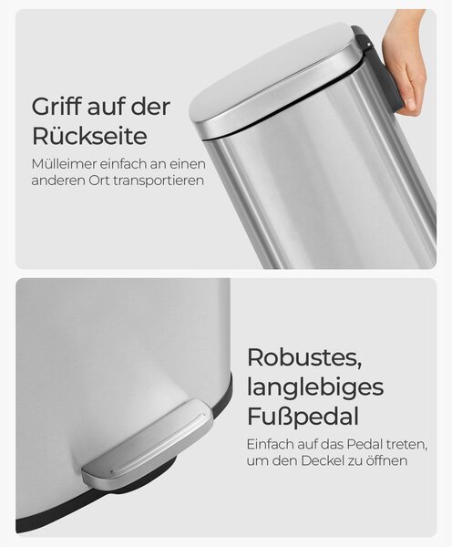 SONGMICS Pedálos Szemetes 30L Rozsdamentes Acél Szemeteskuka Soft-Close Fedéllel