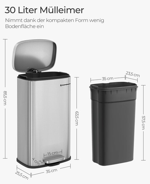SONGMICS Pedálos Szemetes 30L Rozsdamentes Acél Szemeteskuka Soft-Close Fedéllel
