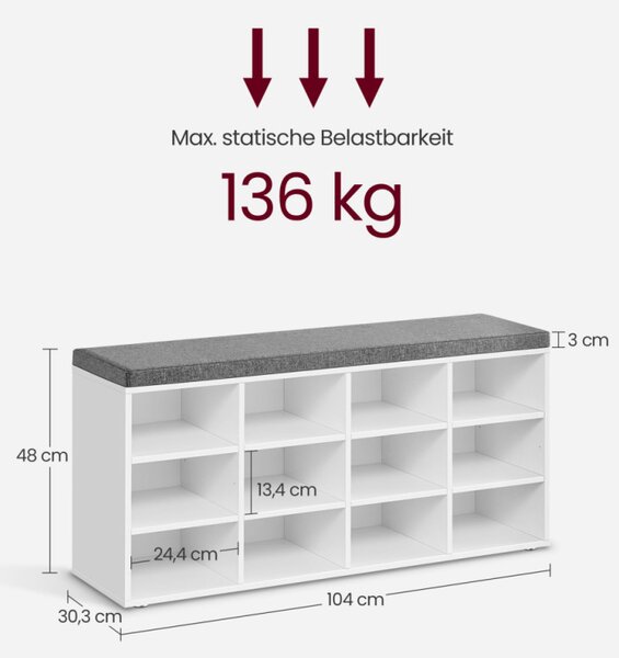VASAGLE LHS012W14 Cipőspad Tárolórekeszekkel Párnázott Üléssel Fehér-Szürke