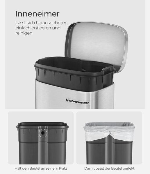 SONGMICS Pedálos Szemetes 30L Rozsdamentes Acél Szemeteskuka Soft-Close Fedéllel
