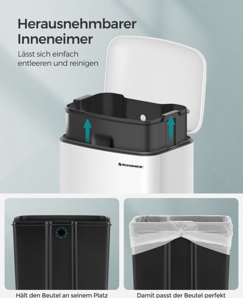 SONGMICS Elegáns 30L Pedálos Szemetes Acél Kukával Fehér