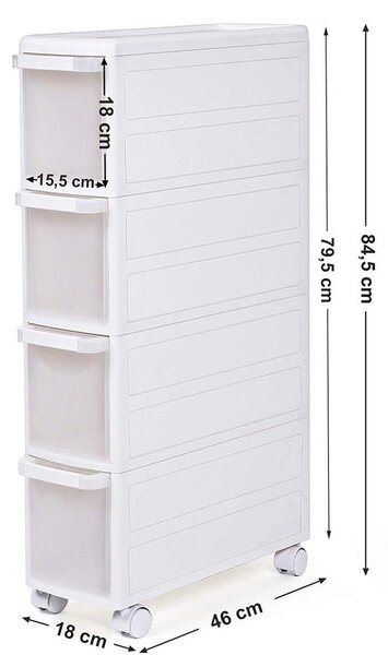 4 Mély fiókos polc kerekekkel, 84,5 cm magas, fehér