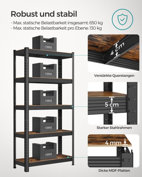 SONGMICS GLR030B01 ipari polcrendszer MDF rusztikus barna és fekete állítható tárolópolcokkal