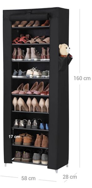 SONGMICS 10 szintes cipőtartó állvány textil takaróval fekete 58 x 28 x 160 cm