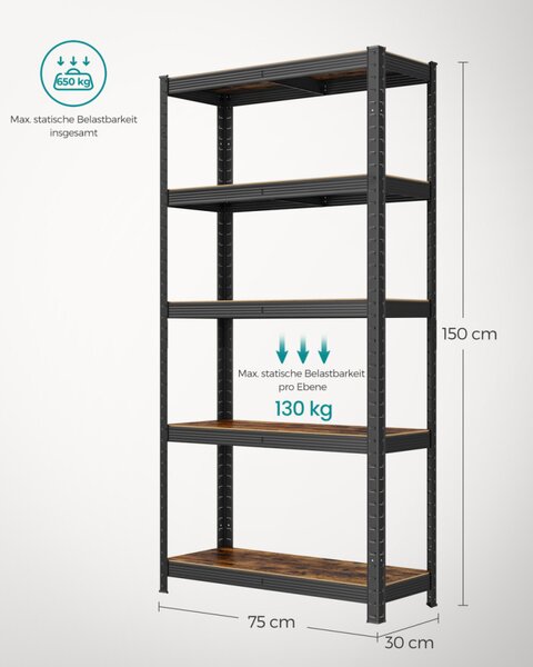 SONGMICS GLR030B01 ipari polcrendszer MDF rusztikus barna és fekete állítható tárolópolcokkal