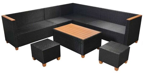 7-részes fekete polyrattan kerti bútorszett párnákkal