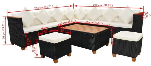7-részes fekete polyrattan kerti bútorszett párnákkal
