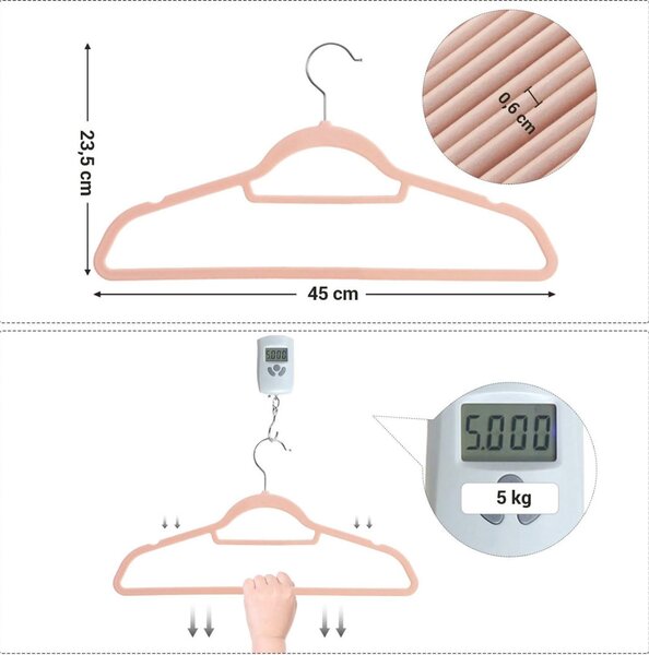 SONGMICS Bársony Vállfa Szett Rózsaszín 50 db Csúszásmentes Helytakarékos