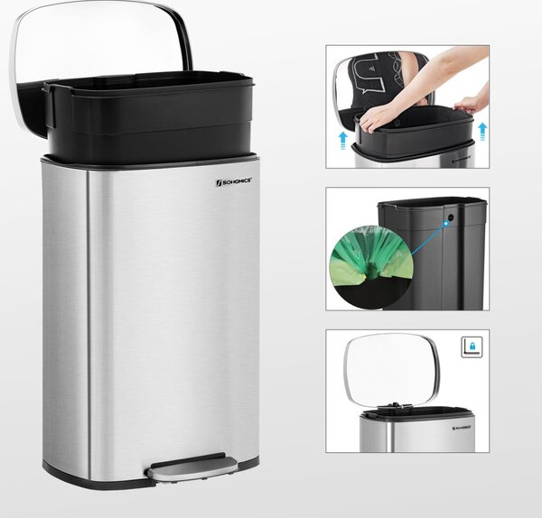 SONGMICS Premium 50L Pedálos Szemetes Rozsdamentes Acél Ezüst