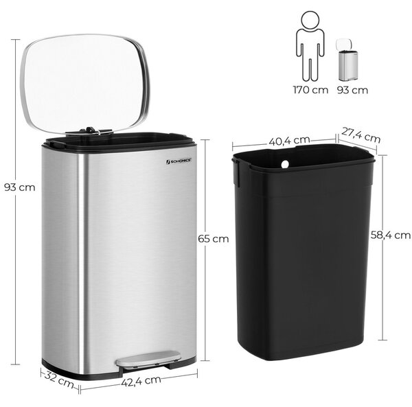 SONGMICS Premium 50L Pedálos Szemetes Rozsdamentes Acél Ezüst