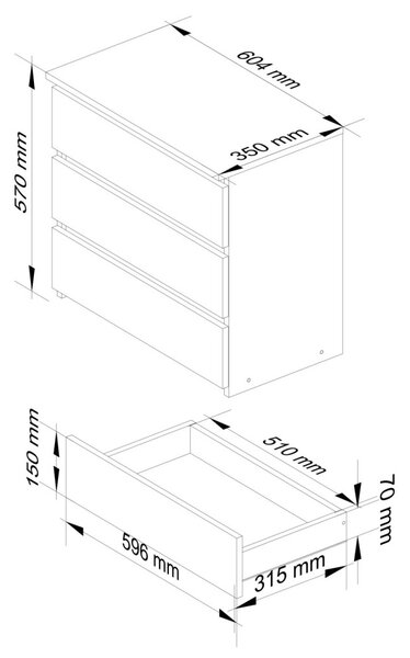 AKORD CLP Artisan 3-Fiókos Komód Laminált Grafit-Tölgy