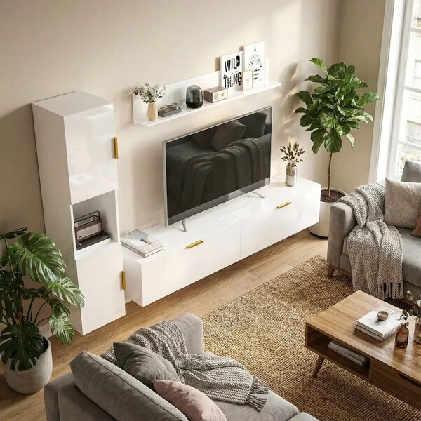 HOMCOM Lebegő TV-állvány nyitható ajtókkal szórakoztatóközpont fali polcszekrény 180 cm, fehér