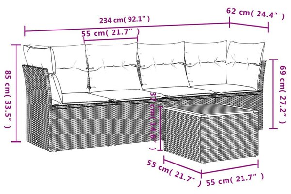 VidaXL 5 részes fekete polyrattan kerti kanapészett párnákkal