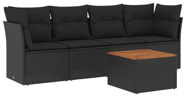 VidaXL 5 részes fekete polyrattan kerti kanapészett párnákkal
