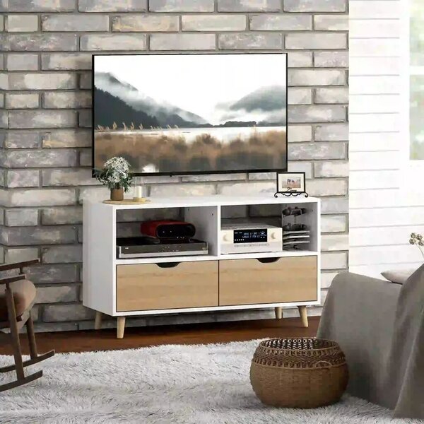 HOMCOM TV szekrény, fiókos TV komód, nyitott polcok, fa, fehér