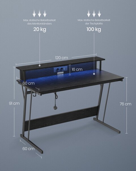 VASAGLE Gaming Desk LED-es gamer asztal beépített elosztóval és monitortartóval fekete 120 x 60 x 76 cm
