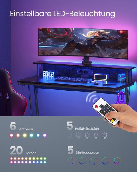 VASAGLE Gaming Desk LED-es gamer asztal beépített elosztóval és monitortartóval fekete 120 x 60 x 76 cm